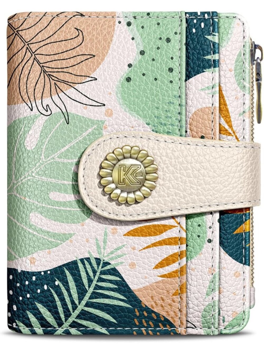Women Boho Leaves Skull Goth RFID Coin Pocket Vegan Pu Leather Zipper Wallet